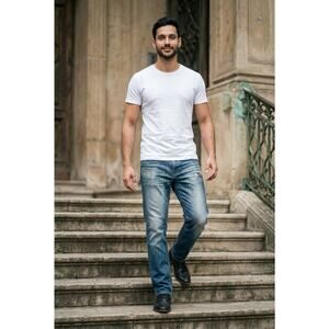 EXPRESS Slim Straight Men Jeans Dark Wash Distressed Button Fly 38 X 30